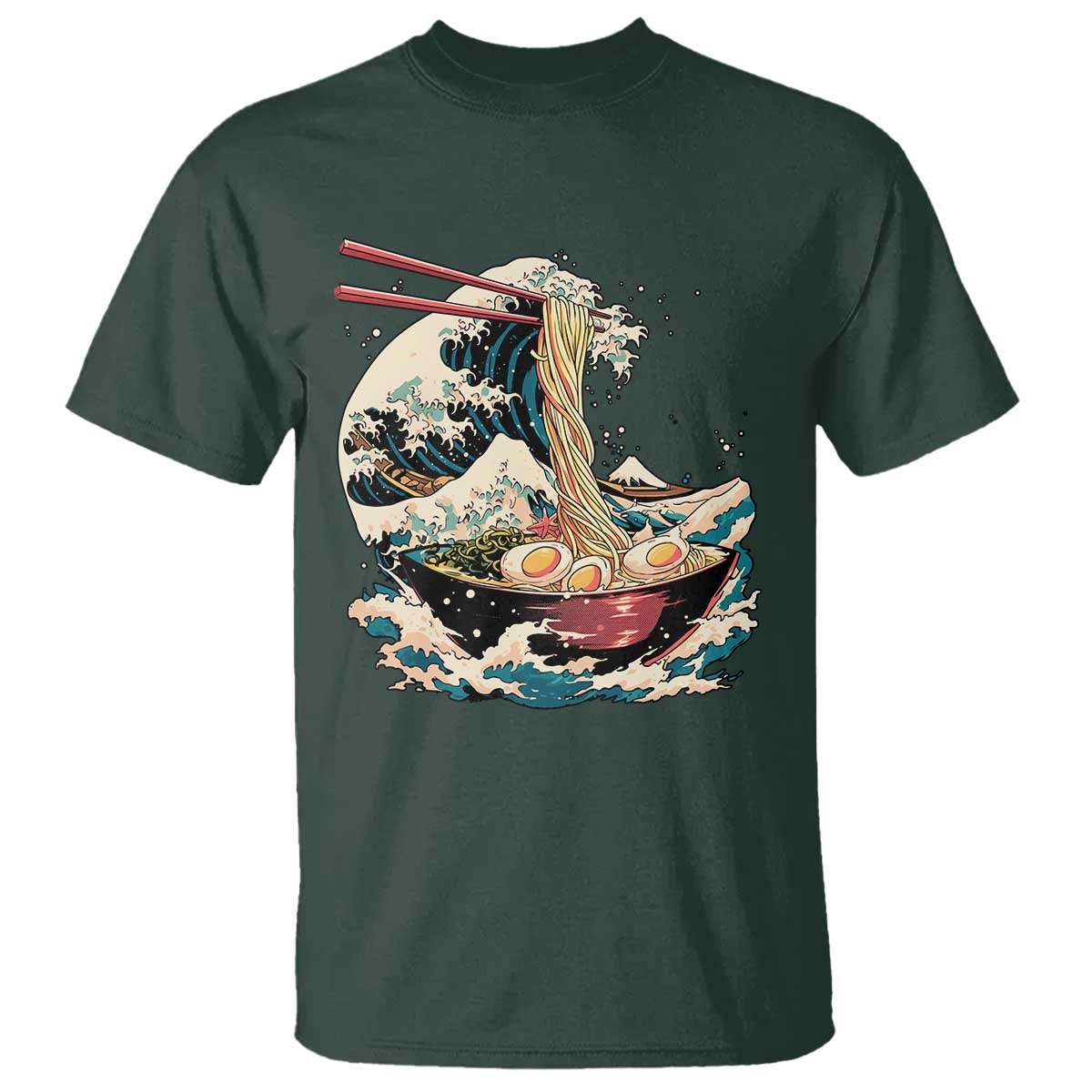 Japanese Kanagawa Wave Ramen Bowl Graphic T Shirt Retro Anime Noodles Art TS02 Dark Forest Green Print Your Wear
