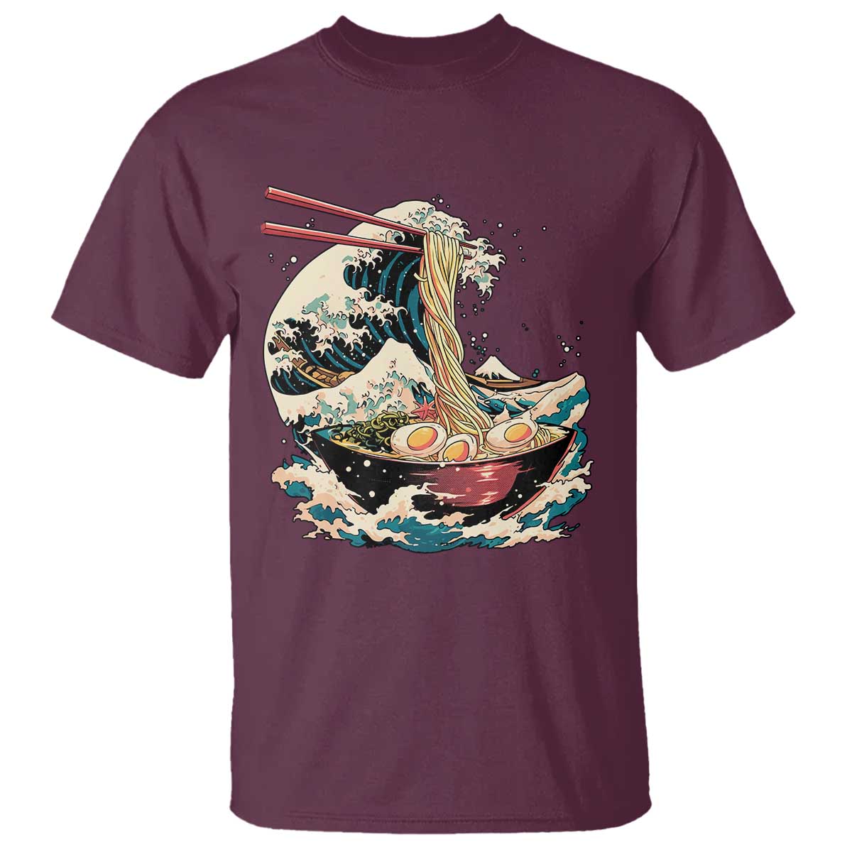 Japanese Kanagawa Wave Ramen Bowl Graphic T Shirt Retro Anime Noodles Art TS02 Maroon Print Your Wear