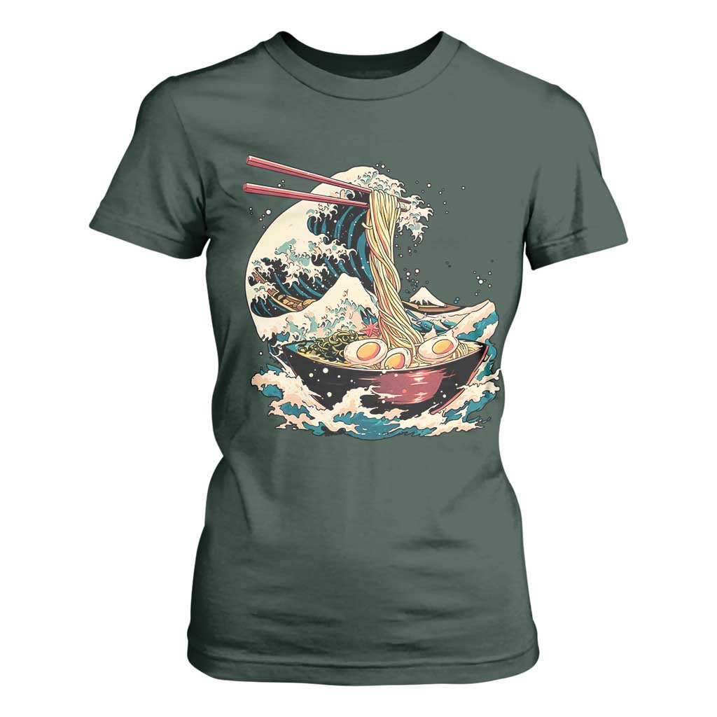 Japanese Kanagawa Wave Ramen Bowl Graphic T Shirt For Women Retro Anime Noodles Art TS02 Dark Forest Green Print Your Wear
