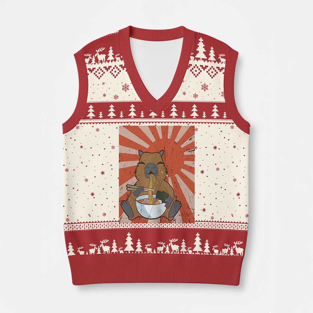 Kawaii Capybara Ramen V-Neck Knit Sweater Vest Cute Capy Meme Japanese Noodles Lover TS02 Beige Red Print Your Wear