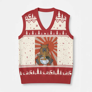 Kawaii Capybara Ramen V-Neck Knit Sweater Vest Cute Capy Meme Japanese Noodles Lover TS02 Beige Red Print Your Wear
