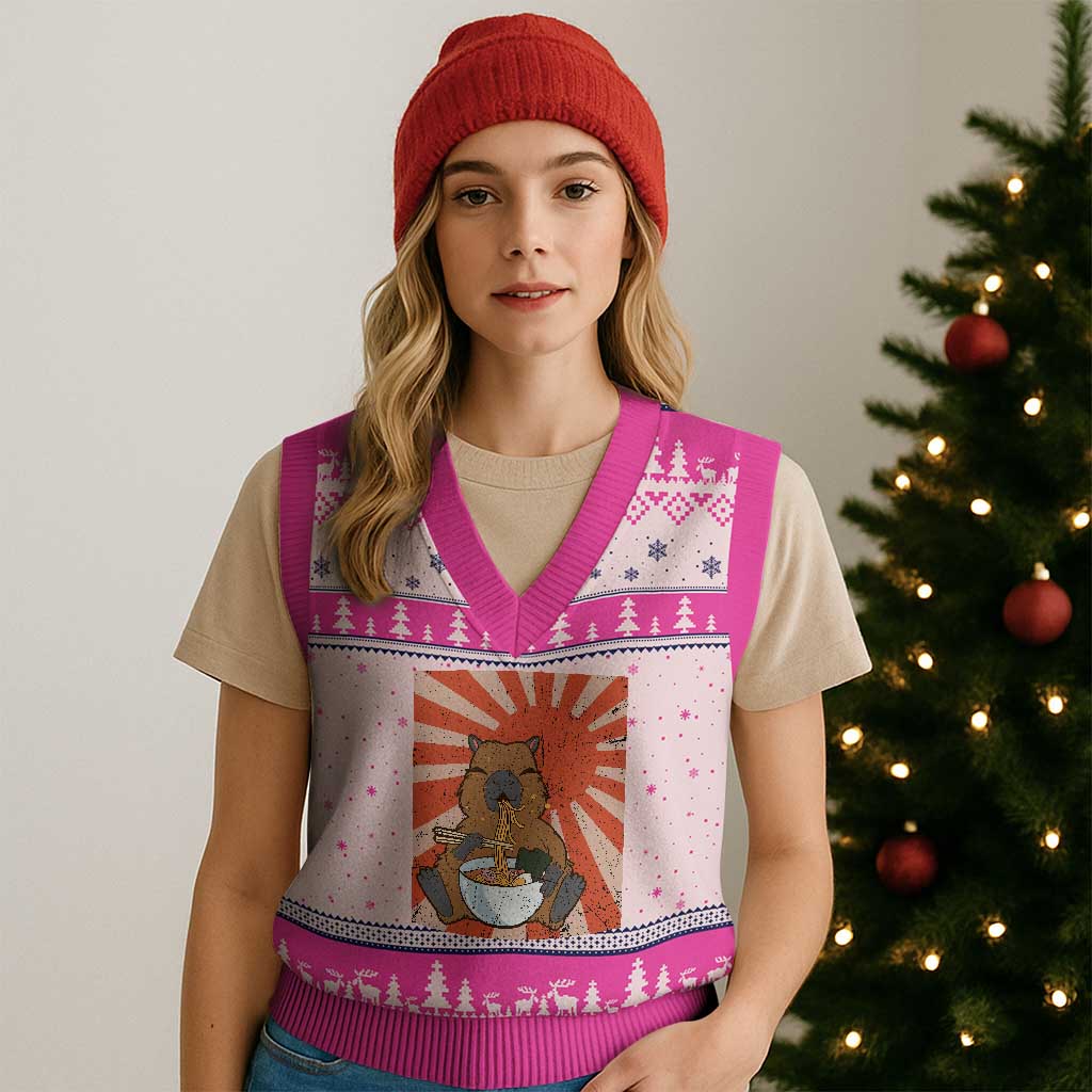 Kawaii Capybara Ramen V-Neck Knit Sweater Vest Cute Capy Meme Japanese Noodles Lover TS02 Hot Pink Print Your Wear