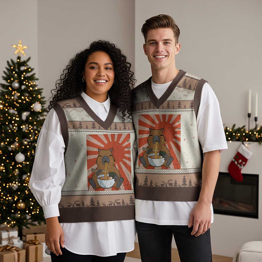Kawaii Capybara Ramen V-Neck Knit Sweater Vest Cute Capy Meme Japanese Noodles Lover TS02 Mocha Mousse Print Your Wear