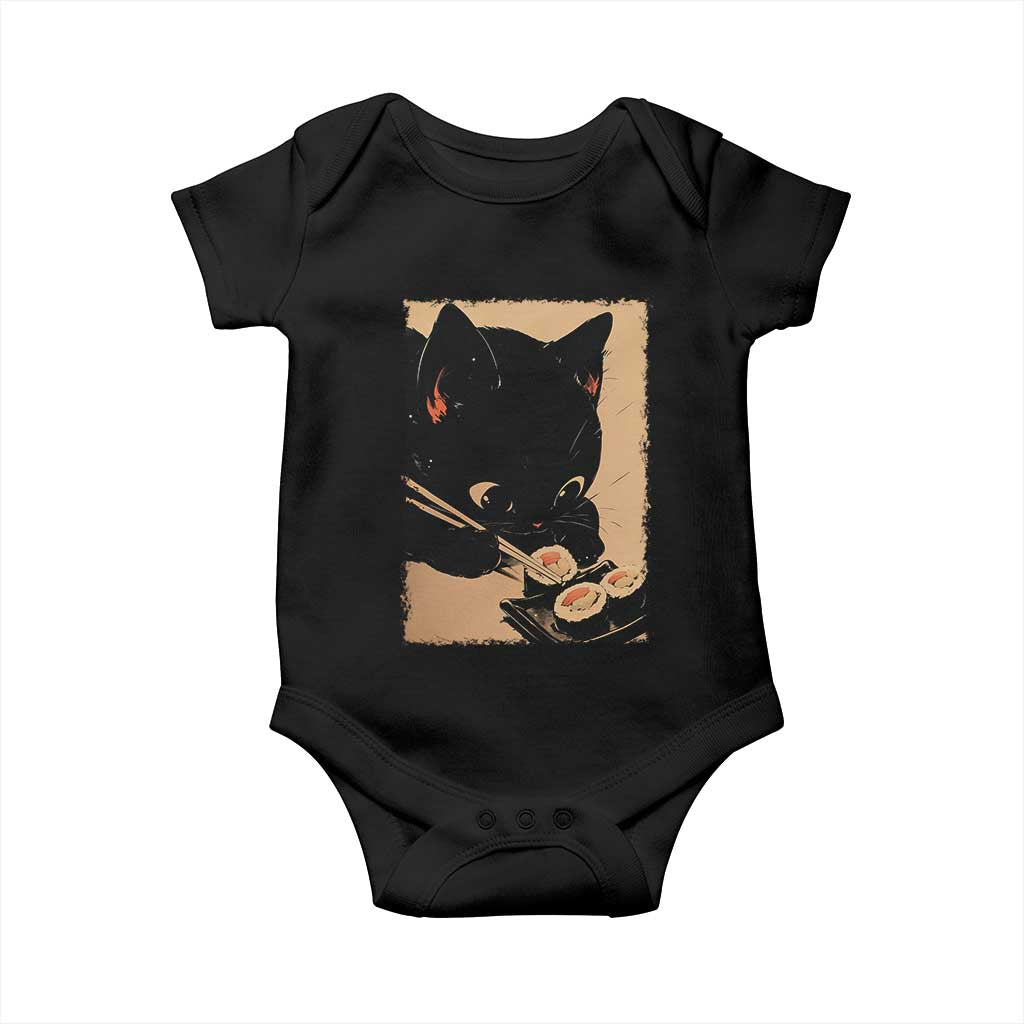 Kawaii Cat Eating Sushi Baby Onesie Japanese Anime Manga Otaku Retro Vintage Graphic TS02 Black Print Your Wear