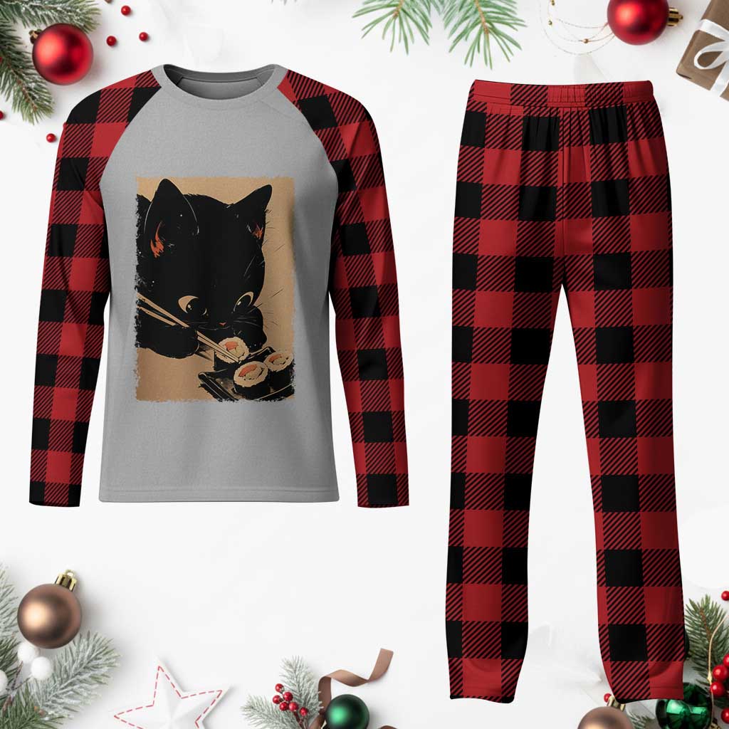 Kawaii Cat Eating Sushi Plaid Pajama Set Japanese Anime Manga Otaku Retro Vintage Graphic TS02 Buffalo Plaid Print Your Wear