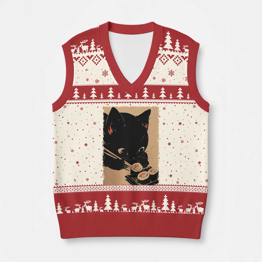 Kawaii Cat Eating Sushi V-Neck Knit Sweater Vest Japanese Anime Manga Otaku Retro Vintage Graphic TS02 Beige Red Print Your Wear