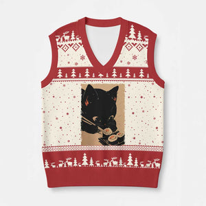 Kawaii Cat Eating Sushi V-Neck Knit Sweater Vest Japanese Anime Manga Otaku Retro Vintage Graphic TS02 Beige Red Print Your Wear