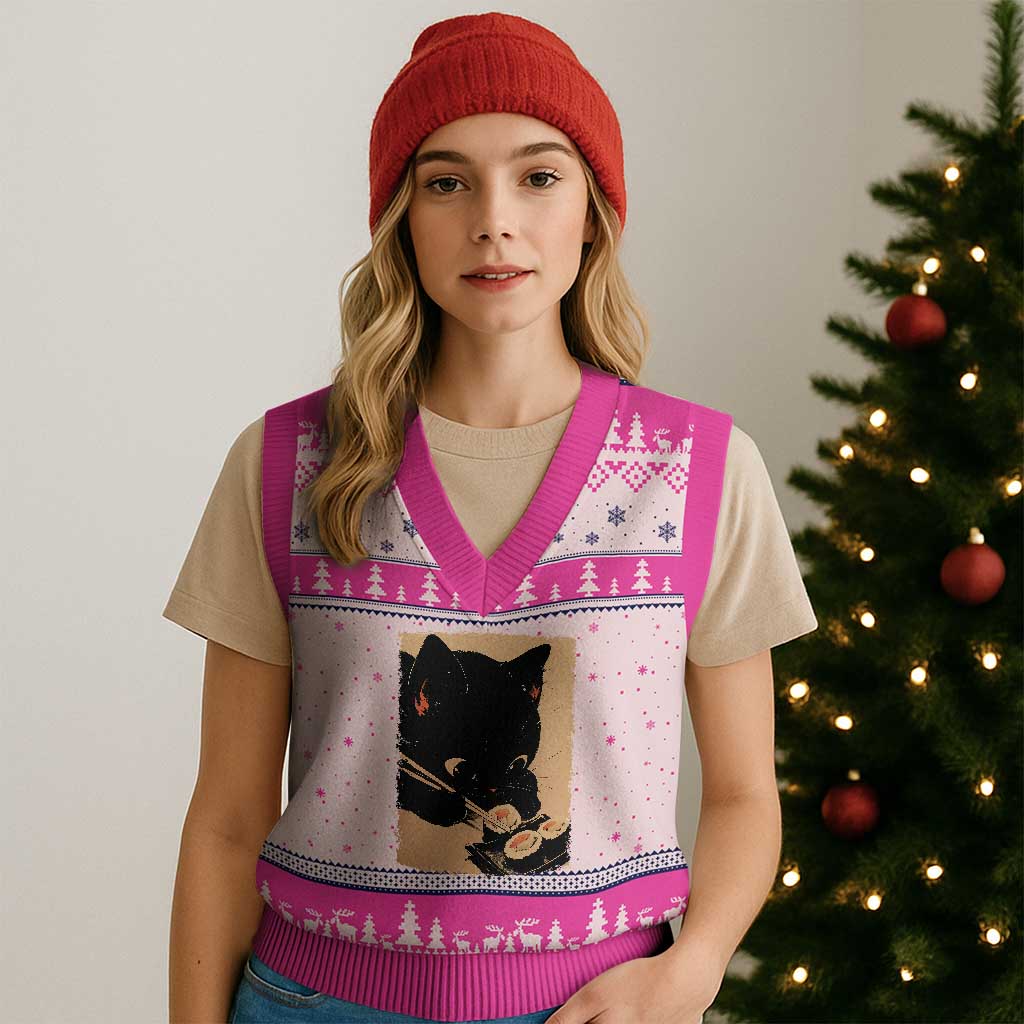 Kawaii Cat Eating Sushi V-Neck Knit Sweater Vest Japanese Anime Manga Otaku Retro Vintage Graphic TS02 Hot Pink Print Your Wear