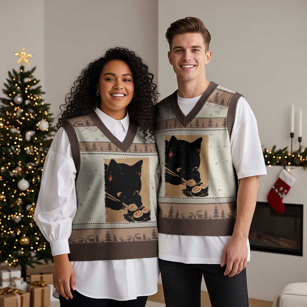 Kawaii Cat Eating Sushi V-Neck Knit Sweater Vest Japanese Anime Manga Otaku Retro Vintage Graphic TS02 Mocha Mousse Print Your Wear
