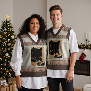 Kawaii Cat Eating Sushi V-Neck Knit Sweater Vest Japanese Anime Manga Otaku Retro Vintage Graphic TS02 Mocha Mousse Print Your Wear