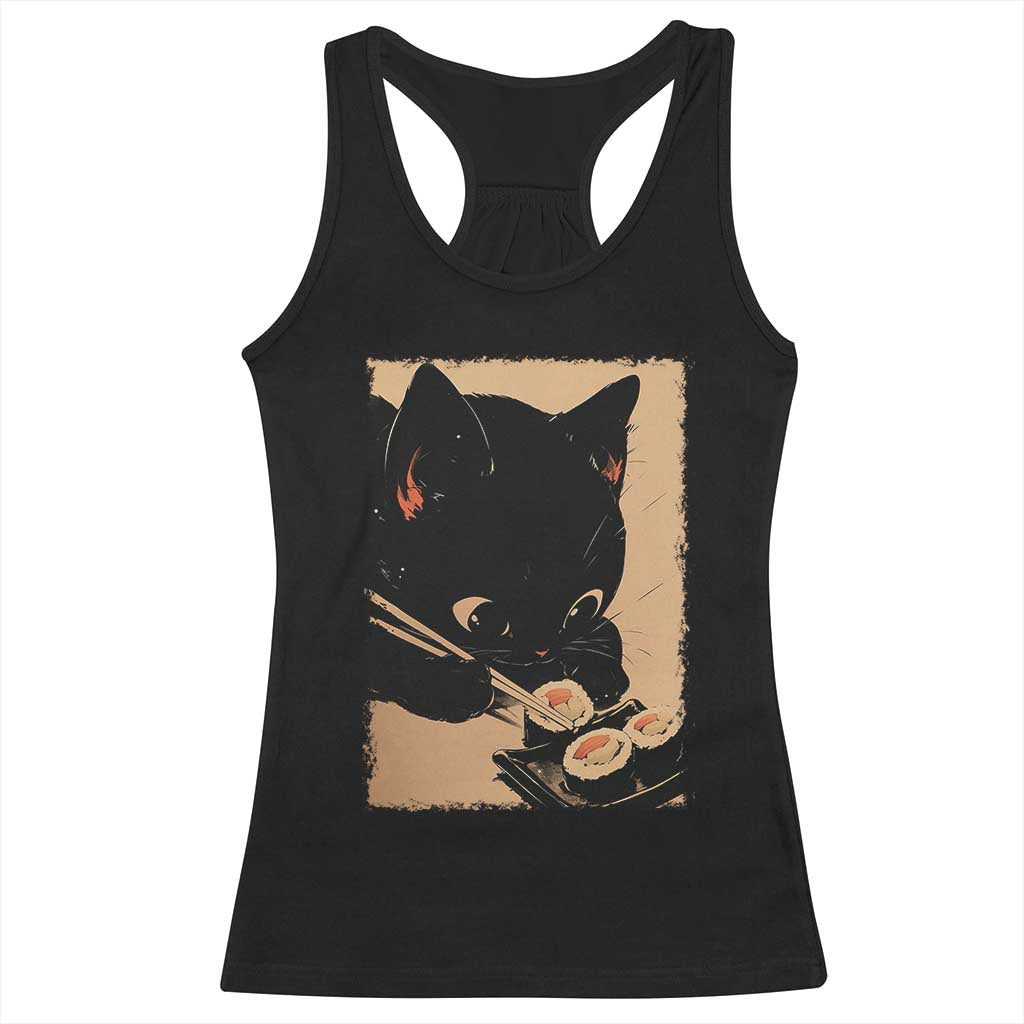 Kawaii Cat Eating Sushi Racerback Tank Top Japanese Anime Manga Otaku Retro Vintage Graphic TS02 Black Print Your Wear
