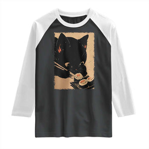 Kawaii Cat Eating Sushi Raglan Shirt Japanese Anime Manga Otaku Retro Vintage Graphic TS02 Black White Print Your Wear