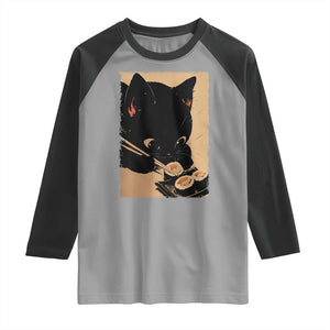 Kawaii Cat Eating Sushi Raglan Shirt Japanese Anime Manga Otaku Retro Vintage Graphic TS02 Sport Gray Black Print Your Wear