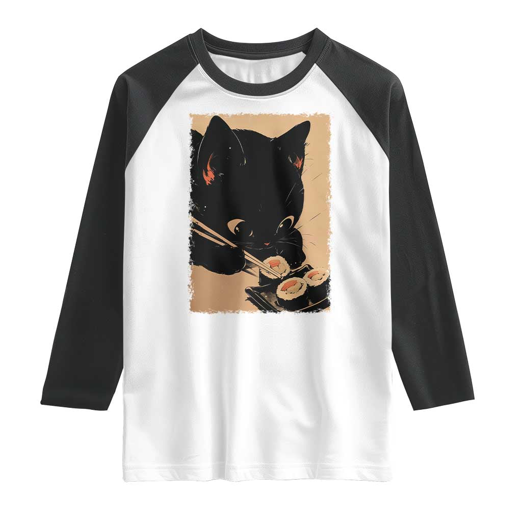 Kawaii Cat Eating Sushi Raglan Shirt Japanese Anime Manga Otaku Retro Vintage Graphic TS02 White Black Print Your Wear