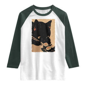 Kawaii Cat Eating Sushi Raglan Shirt Japanese Anime Manga Otaku Retro Vintage Graphic TS02 White Dark Forest Green Print Your Wear