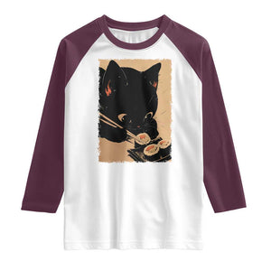 Kawaii Cat Eating Sushi Raglan Shirt Japanese Anime Manga Otaku Retro Vintage Graphic TS02 White Maroon Print Your Wear