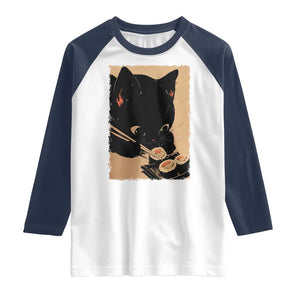 Kawaii Cat Eating Sushi Raglan Shirt Japanese Anime Manga Otaku Retro Vintage Graphic TS02 White Navy Print Your Wear