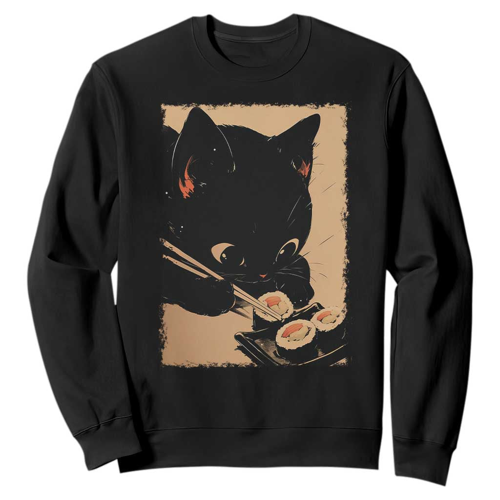 Kawaii Cat Eating Sushi Sweatshirt Japanese Anime Manga Otaku Retro Vintage Graphic TS02 Black Print Your Wear