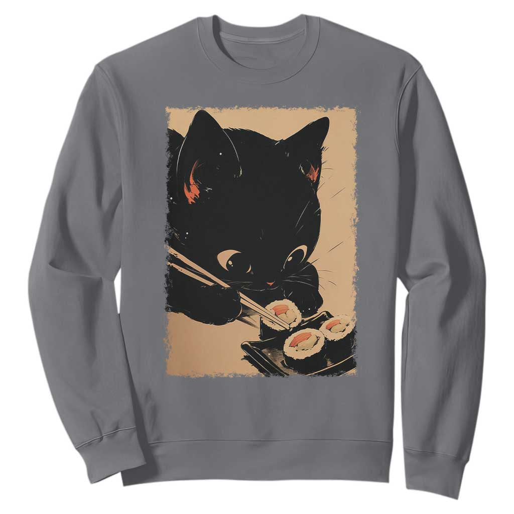 Kawaii Cat Eating Sushi Sweatshirt Japanese Anime Manga Otaku Retro Vintage Graphic TS02 Charcoal Print Your Wear