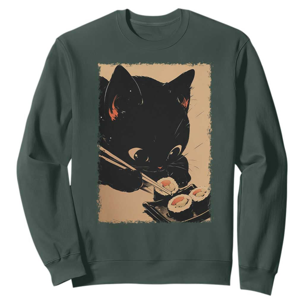 Kawaii Cat Eating Sushi Sweatshirt Japanese Anime Manga Otaku Retro Vintage Graphic TS02 Dark Forest Green Print Your Wear