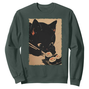 Kawaii Cat Eating Sushi Sweatshirt Japanese Anime Manga Otaku Retro Vintage Graphic TS02 Dark Forest Green Print Your Wear
