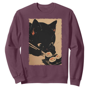 Kawaii Cat Eating Sushi Sweatshirt Japanese Anime Manga Otaku Retro Vintage Graphic TS02 Maroon Print Your Wear
