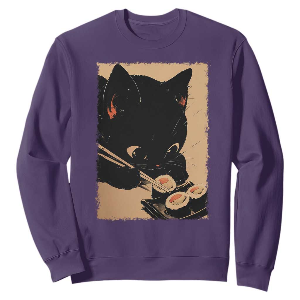 Kawaii Cat Eating Sushi Sweatshirt Japanese Anime Manga Otaku Retro Vintage Graphic TS02 Purple Print Your Wear