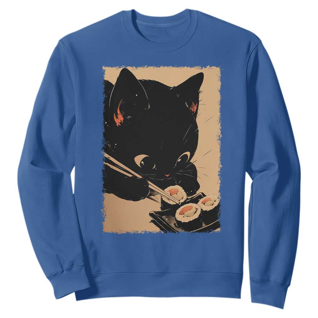 Kawaii Cat Eating Sushi Sweatshirt Japanese Anime Manga Otaku Retro Vintage Graphic TS02 Royal Blue Print Your Wear