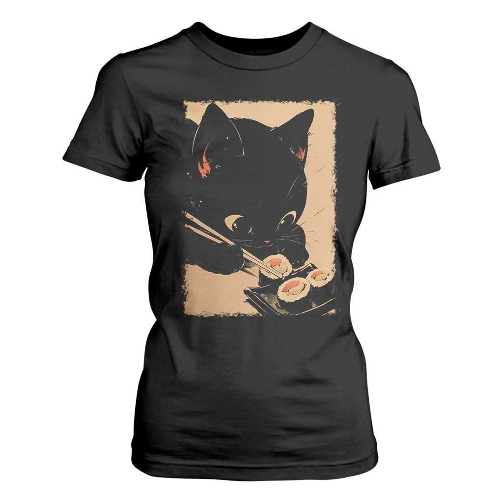 Kawaii Cat Eating Sushi T Shirt For Women Japanese Anime Manga Otaku Retro Vintage Graphic TS02 Black Print Your Wear