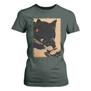 Kawaii Cat Eating Sushi T Shirt For Women Japanese Anime Manga Otaku Retro Vintage Graphic TS02 Dark Forest Green Print Your Wear