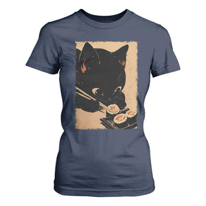 Kawaii Cat Eating Sushi T Shirt For Women Japanese Anime Manga Otaku Retro Vintage Graphic TS02 Navy Print Your Wear