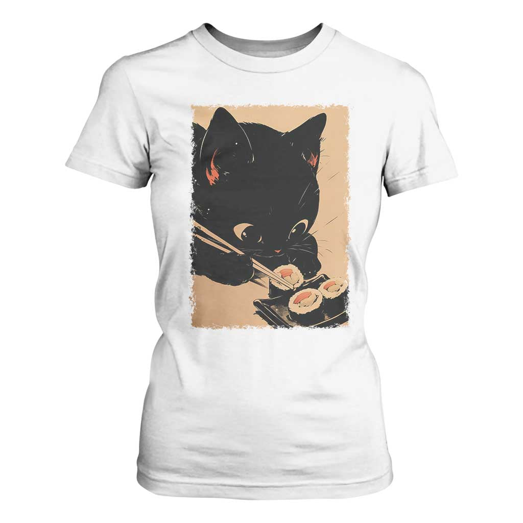 Kawaii Cat Eating Sushi T Shirt For Women Japanese Anime Manga Otaku Retro Vintage Graphic TS02 White Print Your Wear