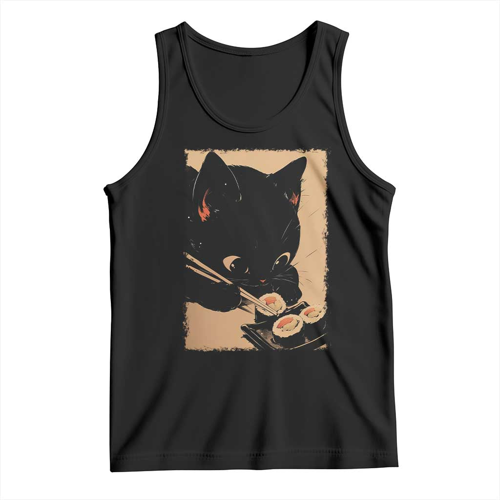 Kawaii Cat Eating Sushi Tank Top Japanese Anime Manga Otaku Retro Vintage Graphic TS02 Black Print Your Wear