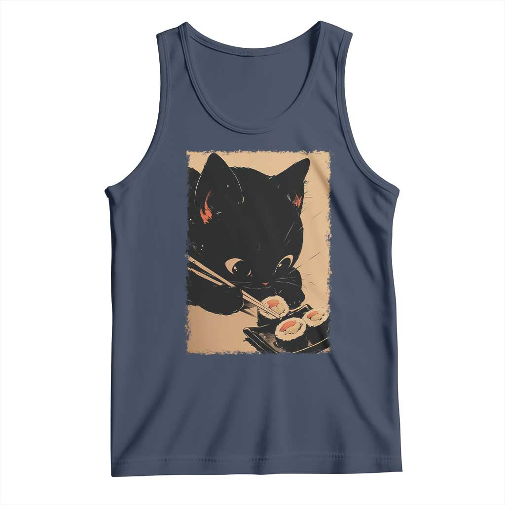 Kawaii Cat Eating Sushi Tank Top Japanese Anime Manga Otaku Retro Vintage Graphic TS02 Navy Print Your Wear