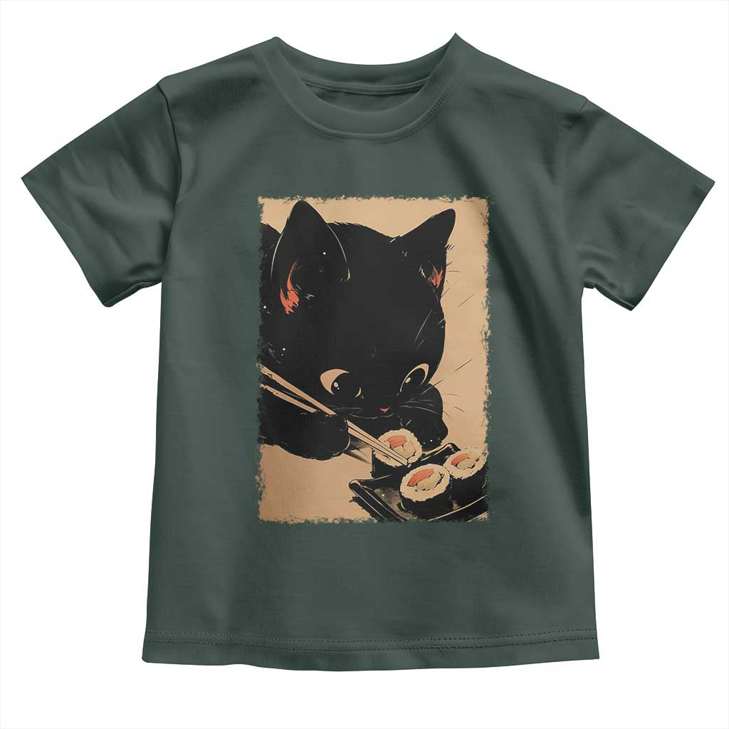 Kawaii Cat Eating Sushi Toddler T Shirt Japanese Anime Manga Otaku Retro Vintage Graphic TS02 Dark Forest Green Print Your Wear
