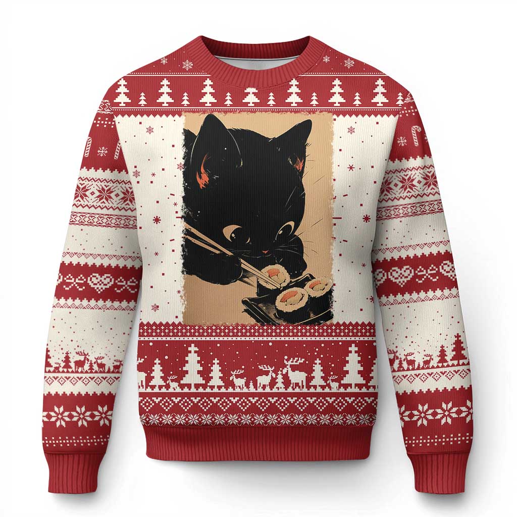Kawaii Cat Eating Sushi Ugly Christmas Sweater Japanese Anime Manga Otaku Retro Vintage Graphic TS02 Red Print Your Wear