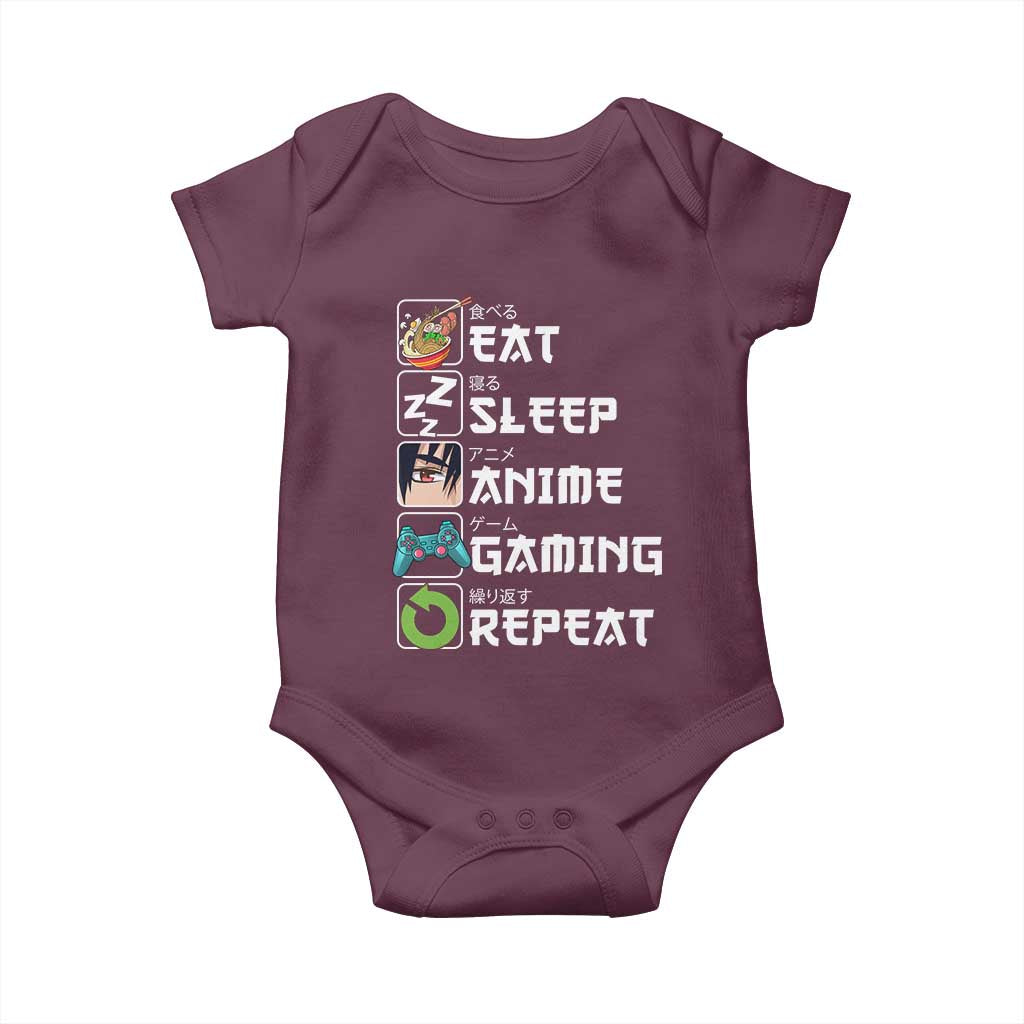 Eat Sleep Anime Gaming Repeat Baby Onesie Kawaii Otaku Gamer Manga Lover TS02 Maroon Print Your Wear