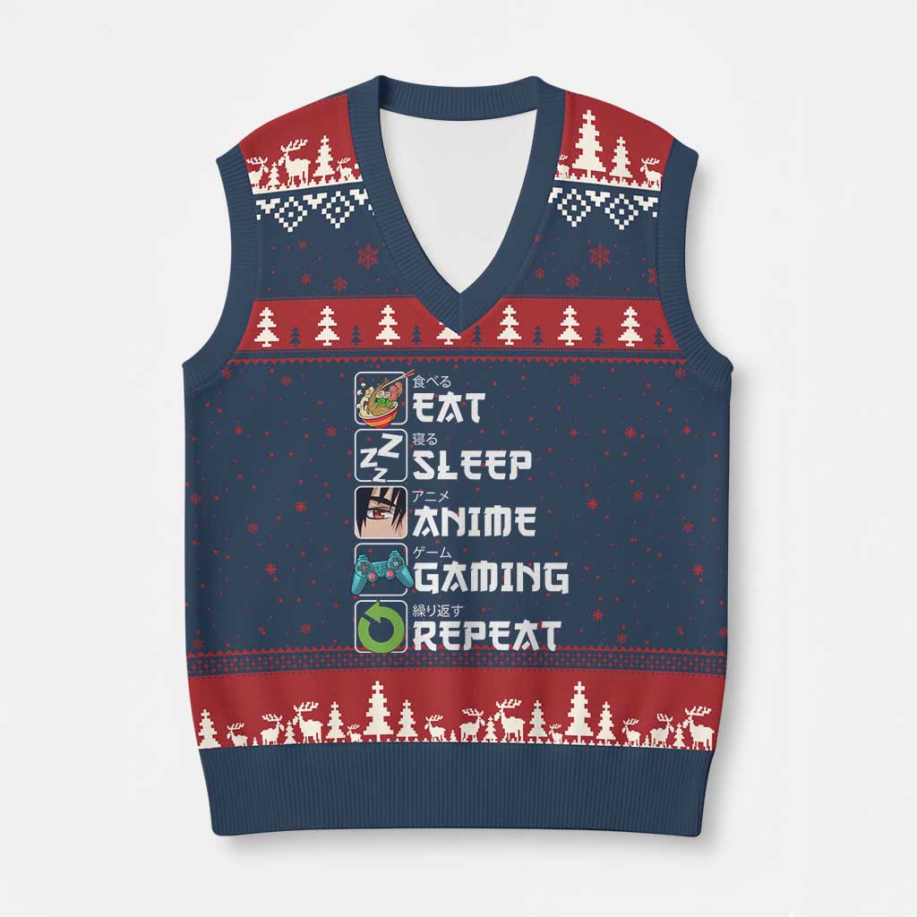 Eat Sleep Anime Gaming Repeat V-Neck Knit Sweater Vest Kawaii Otaku Gamer Manga Lover TS02 Navy Red Print Your Wear