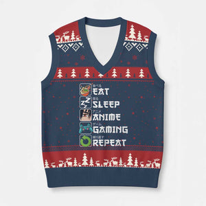 Eat Sleep Anime Gaming Repeat V-Neck Knit Sweater Vest Kawaii Otaku Gamer Manga Lover TS02 Navy Red Print Your Wear