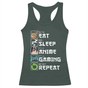 Eat Sleep Anime Gaming Repeat Racerback Tank Top Kawaii Otaku Gamer Manga Lover TS02 Dark Forest Green Print Your Wear