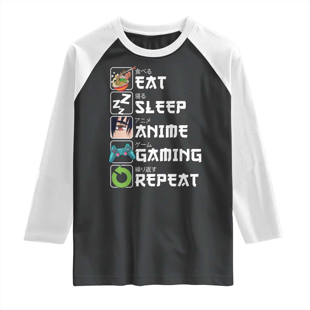 Eat Sleep Anime Gaming Repeat Raglan Shirt Kawaii Otaku Gamer Manga Lover TS02 Black White Print Your Wear
