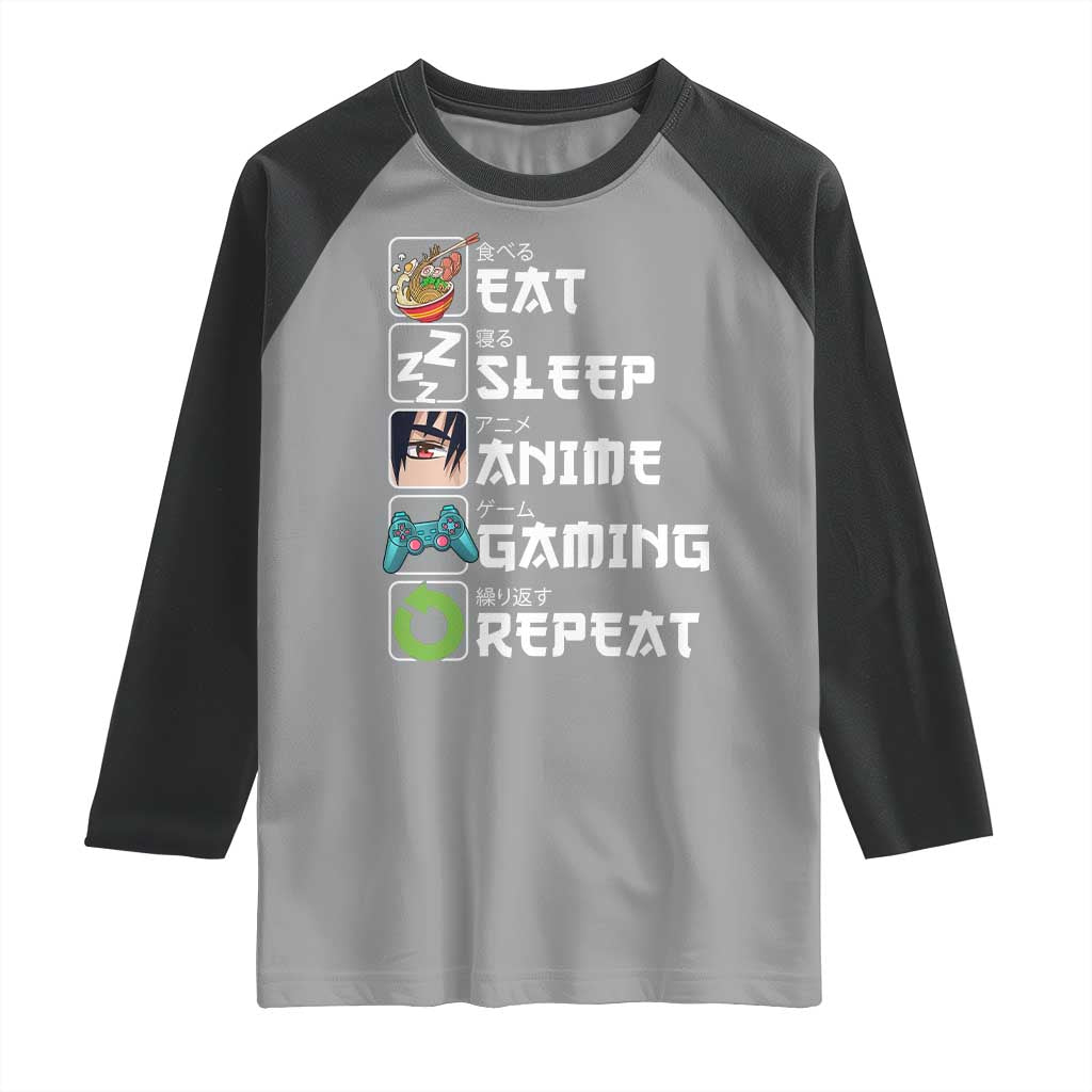 Eat Sleep Anime Gaming Repeat Raglan Shirt Kawaii Otaku Gamer Manga Lover TS02 Sport Gray Black Print Your Wear