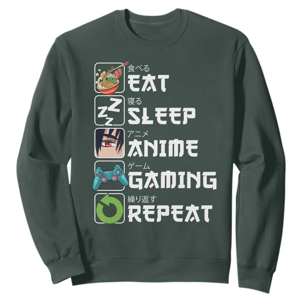 Eat Sleep Anime Gaming Repeat Sweatshirt Kawaii Otaku Gamer Manga Lover TS02 Dark Forest Green Print Your Wear