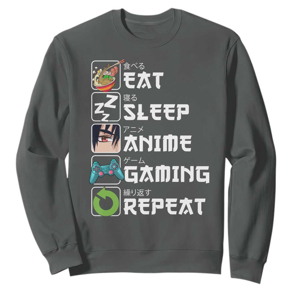 Eat Sleep Anime Gaming Repeat Sweatshirt Kawaii Otaku Gamer Manga Lover TS02 Dark Heather Print Your Wear