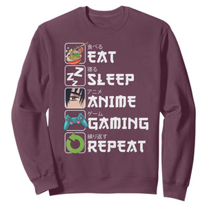 Eat Sleep Anime Gaming Repeat Sweatshirt Kawaii Otaku Gamer Manga Lover TS02 Maroon Print Your Wear