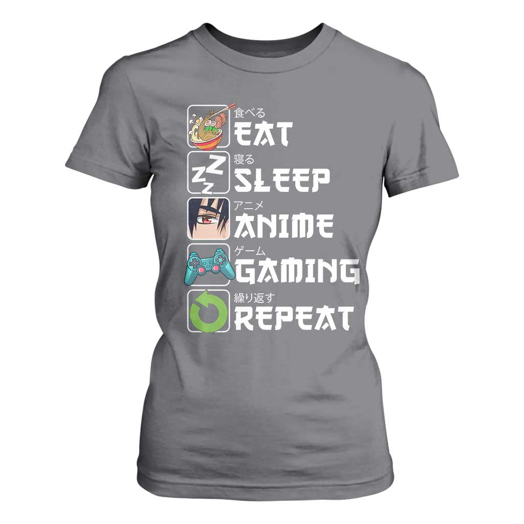 Eat Sleep Anime Gaming Repeat T Shirt For Women Kawaii Otaku Gamer Manga Lover TS02 Charcoal Print Your Wear