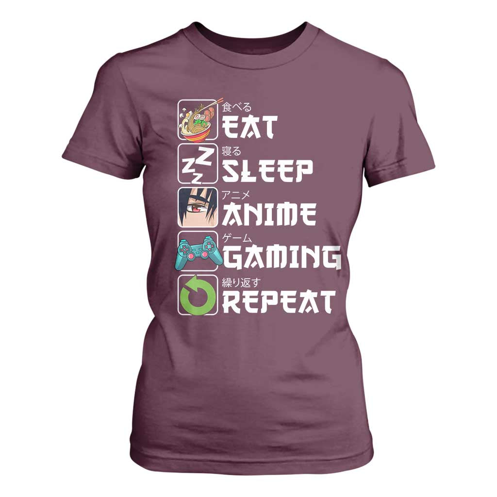 Eat Sleep Anime Gaming Repeat T Shirt For Women Kawaii Otaku Gamer Manga Lover TS02 Maroon Print Your Wear