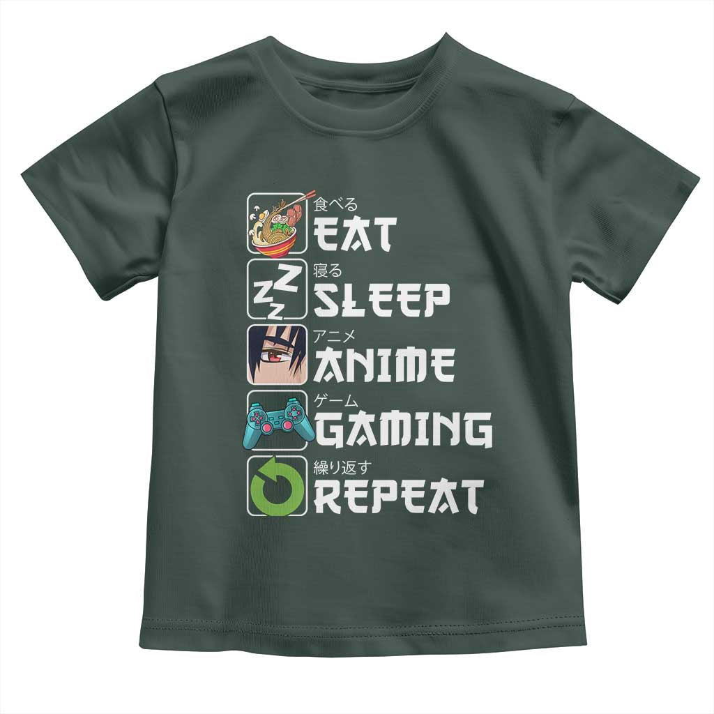 Eat Sleep Anime Gaming Repeat Toddler T Shirt Kawaii Otaku Gamer Manga Lover TS02 Dark Forest Green Print Your Wear