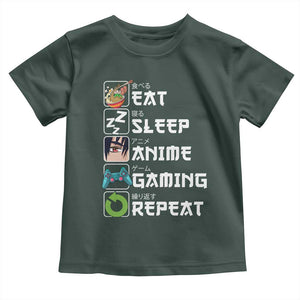 Eat Sleep Anime Gaming Repeat Toddler T Shirt Kawaii Otaku Gamer Manga Lover TS02 Dark Forest Green Print Your Wear