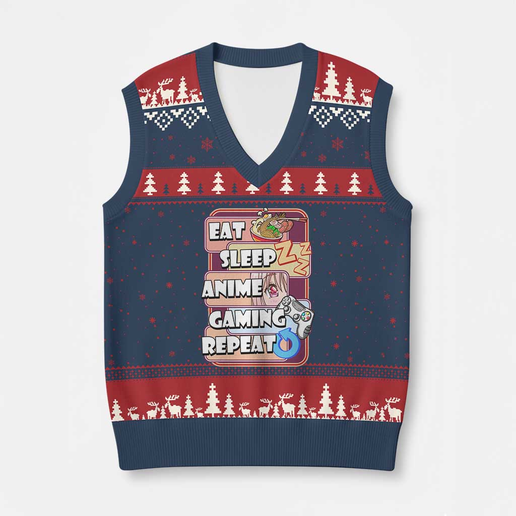 Eat Sleep Anime Gaming Repeat V-Neck Knit Sweater Vest Kawaii Otaku Manga Ramen Lover TS02 Navy Red Print Your Wear